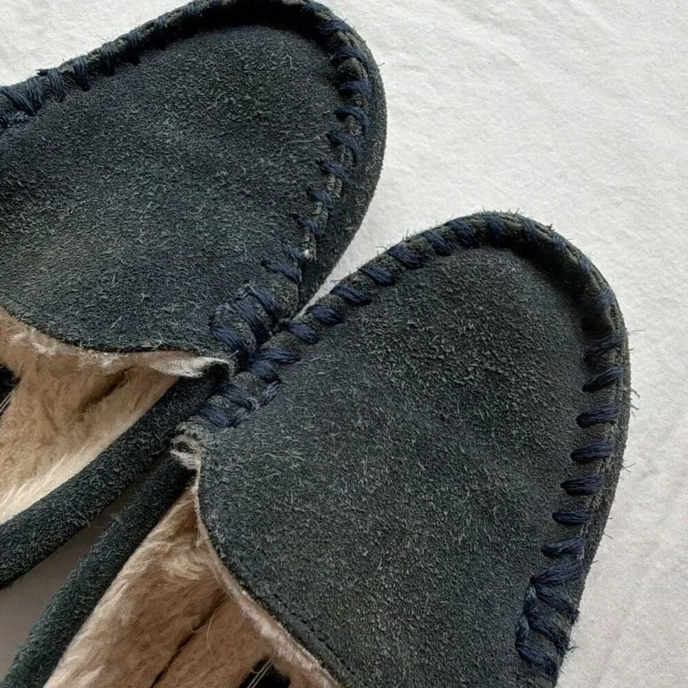 Lands End Kids Moccasin Suede Slippers sz 11 Navy